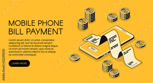 Mobile phone bill payment vector illustration of smartphone with money and invoice receipt. Online banking payment technology application in isometric black thin line on yellow halftone background