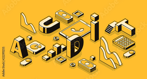 Business audit vector illustration in letters design and isometric black thin line on yellow halftone background. Company finance statistics and tax accounting documents examination service