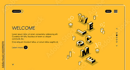 Welcome web main page vector illustration of word letters in isometric black thin line design on yellow halftone background. Layout template for website or landing page with navigation buttons