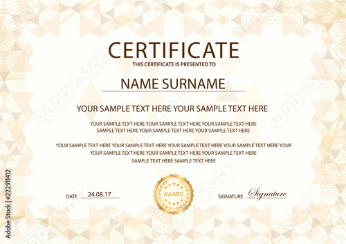 Certificate template with Guilloche frame border. Design for Diploma, certificate of appreciation, certificate of achievement, certificate of completion, of excellence, of attendance template, award