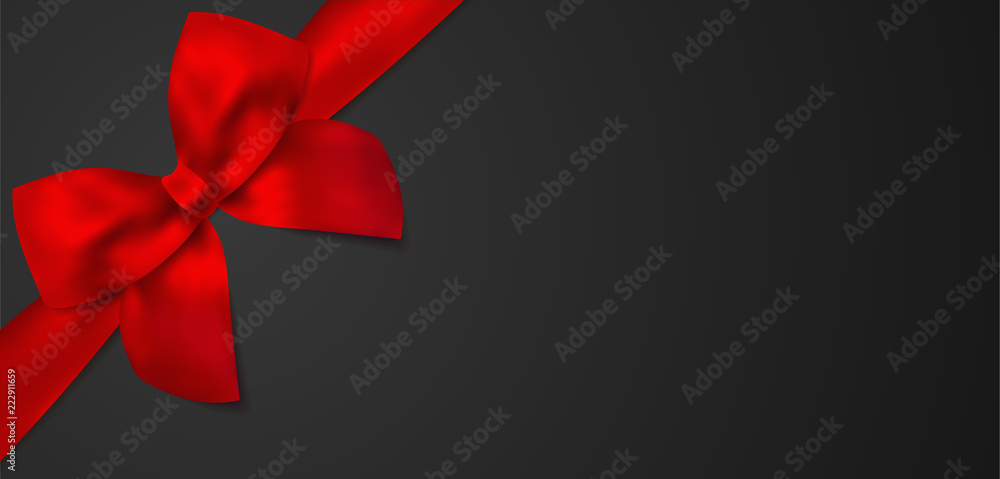 Voucher, Gift certificate, Coupon template. Red bow, red ribbon on black background. Blank vector design gift card Voucher, Gift certificate, Coupon template. Red bow, red ribbon on black background. Blank vector design gift card