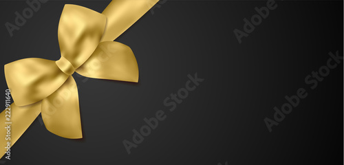 Voucher, Gift certificate, Coupon template. Gold bow, golden ribbon on black background. Blank vector design gift card