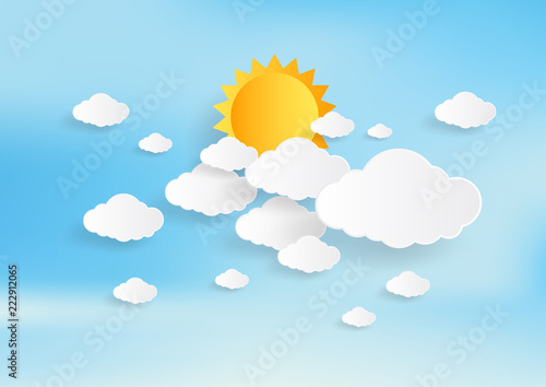 Blue sky and sun with clouds background. Paper art style. Vector illustration