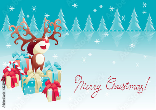 Merry Christmas greeting card. Vector of christmas presents - gift boxes, with letters Merry Christmas and reindeer on winter background. © Song_mi