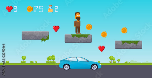 Interface 8 bit game, pixel art platformer. Level in urban street.