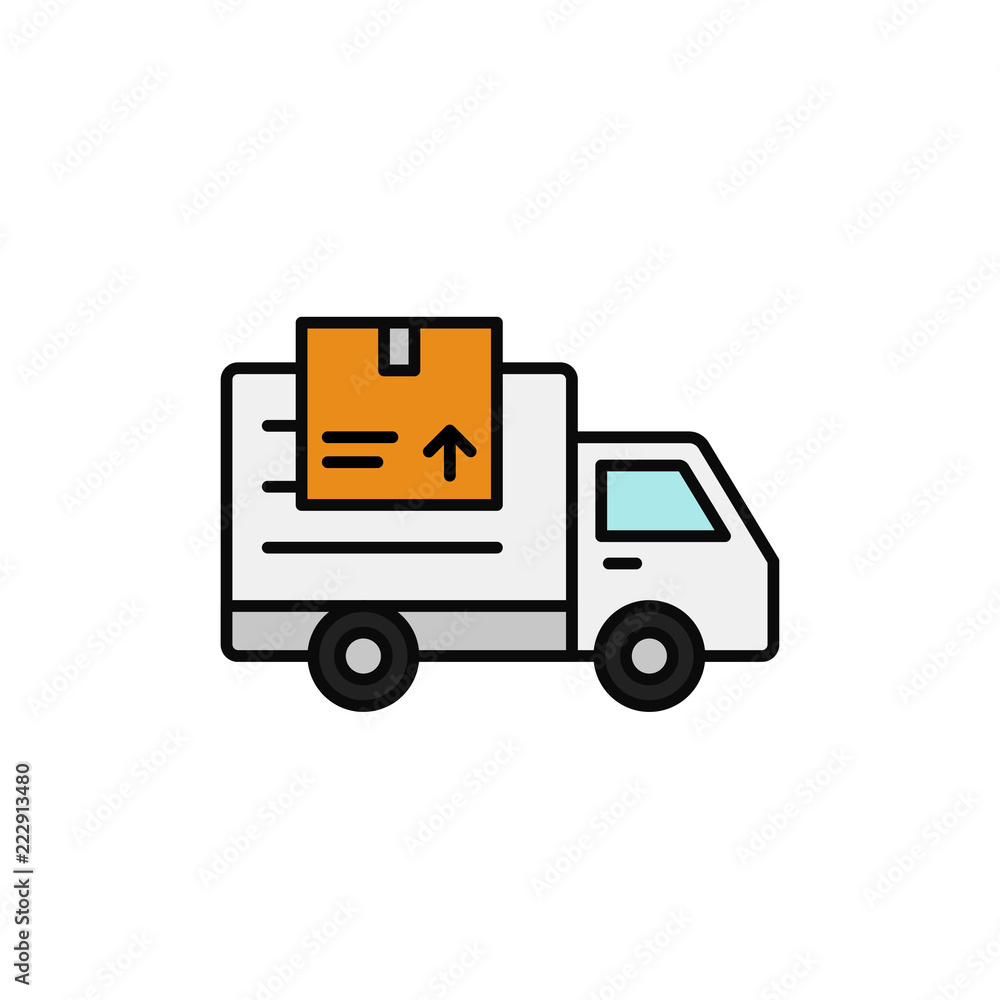 delivery truck with package icon. shipment item transportation illustration. simple outline vector symbol design. delivery truck with package icon. shipment item transportation illustration. simple outline vector symbol design.