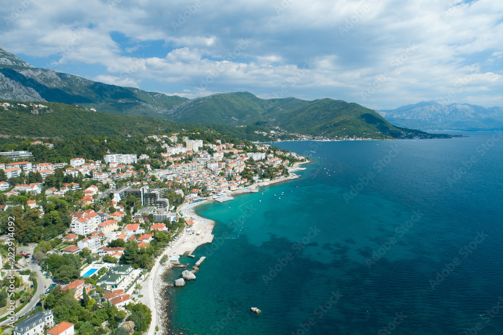 Aerial view of Herceg Novi town, marina and Venetian Forte Mare, Boka Kotorska bay of Adriatic sea