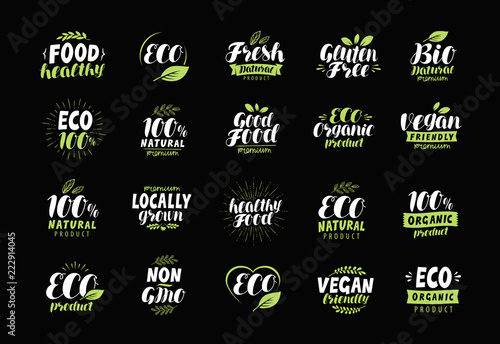 Eco label or logo. Set of healthy natural, organic product badges. Vector lettering