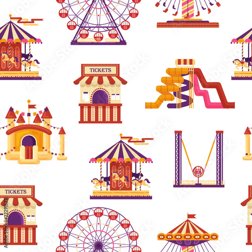 Seamless pattern amusement park with carousels, waterslides, balloons, inflatable trampoline castle, ferris wheel, mobile kiosk with sweets, catapult isolated on white background, family attractions.
