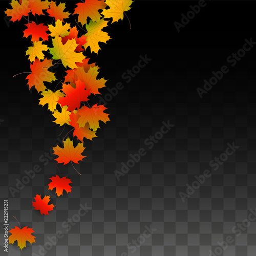 September Vector Background with Golden Falling Leaves. Autumn Illustration with Maple Red, Orange, Yellow Foliage. Isolated Leaf on Transparent Background. Bright Swirl. Suitable for Posters.