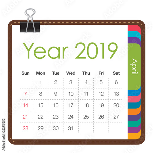 April 2019 monthly calendar vector illustration