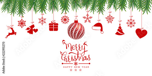 Christmas background with Christmas res balls, snowflakes, on white background