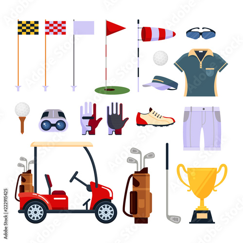 Set of golf equipment icon logo in flat style isolated on white background. Clothes and accessories for golfing, sport game. Icons collection for golf club, championship, course and school.