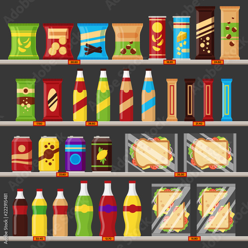 Supermarket, store shelves with groceries products. Fast food snack and drinks with price tags on the racks - flat vector illustration photo
