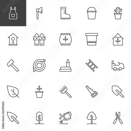 Gardening outline icons set. linear style symbols collection, line signs pack. vector graphics. Set includes icons as Apron, Axe, Boot, Bucket, Fence, House, Plant, Pot, Garden Watering Hose Mower