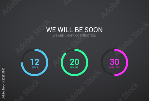 Countdown timer design for website. Clock timer design on dark background. Coming soon app modern flat counter