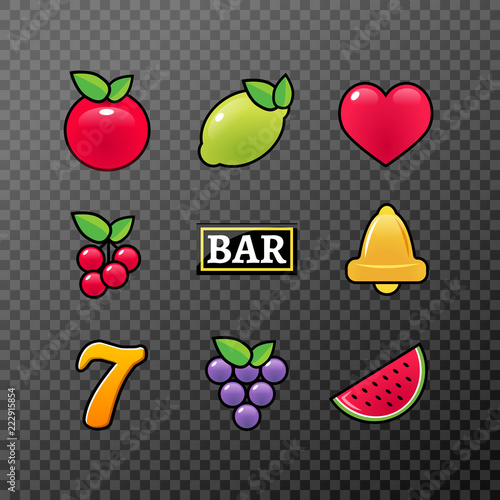 Slot machine symbols icons set. Casino gambling slot machine icons of fruit lemon seven bell