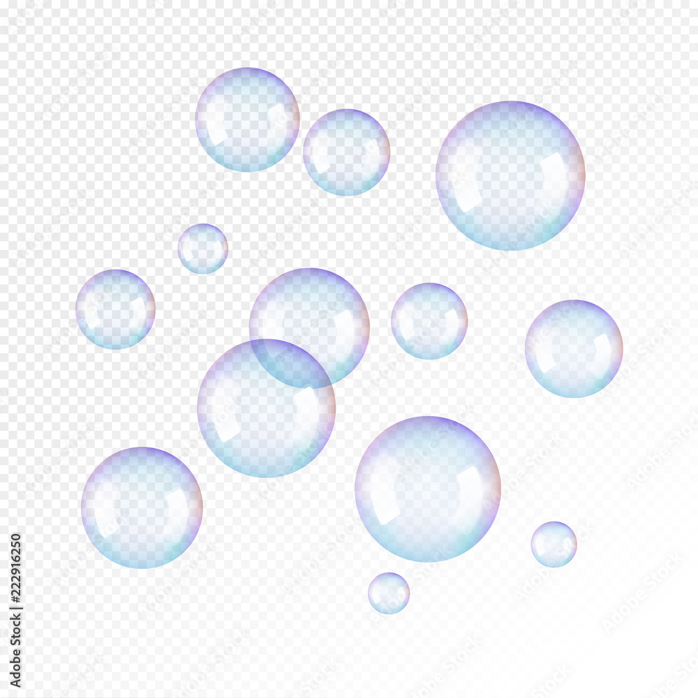 Realistic soap bubbles. Rainbow reflection bubbles isolated vector on transparent illustration