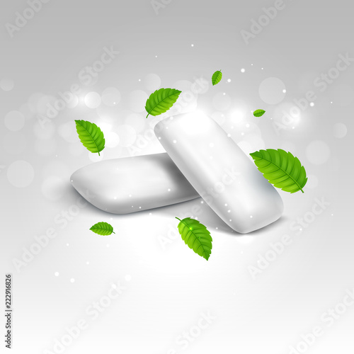 Vector chewing gum and green mint for fresh breath. Dental health background