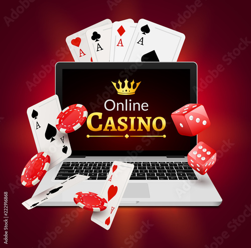 Online casino banner concept with laptop. Poker design or fortune casino gambling. Dice and chips vector illustration