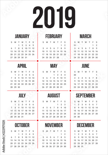Year 2019 calendar vector design template