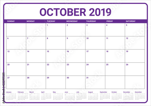 October 2019 desk calendar vector illustration