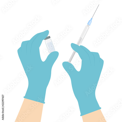 Medical preparations for cosmetic and medical procedures. Hands in medical gloves hold syringe and ampoule. Vector