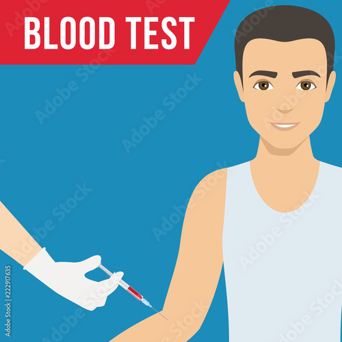 Blood collection from a man with a syringe. Doctor makes blood collection for blood test, dna test, medical examination. Vector