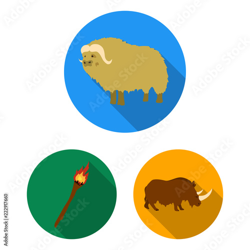 Life in the Stone Age flat icons in set collection for design. Ancient people vector symbol stock web illustration.