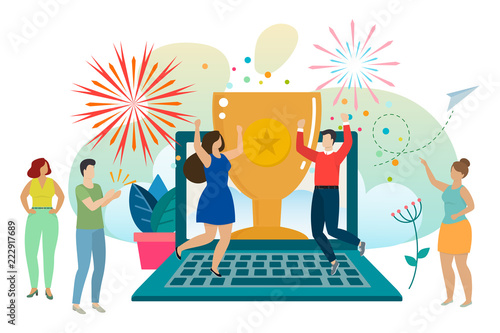 Successful man and woman celebrating success. Man and woman win a prize. Award in the online contest from laptop. Vector