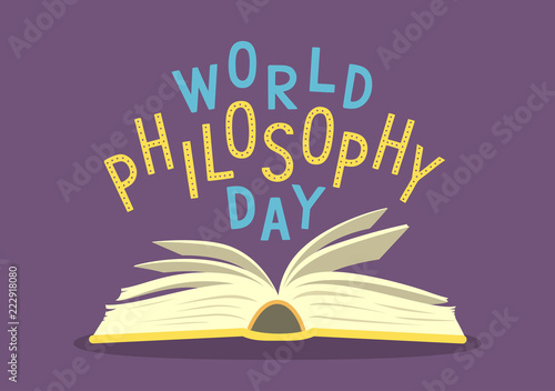 World Philosophy Day. Open book with hand written text on purple background. Vector illustration.