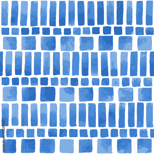 Hand painted geometric tile in blue. Mosaic seamless vector pattern