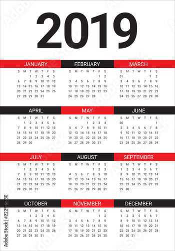 Year 2019 calendar vector design template