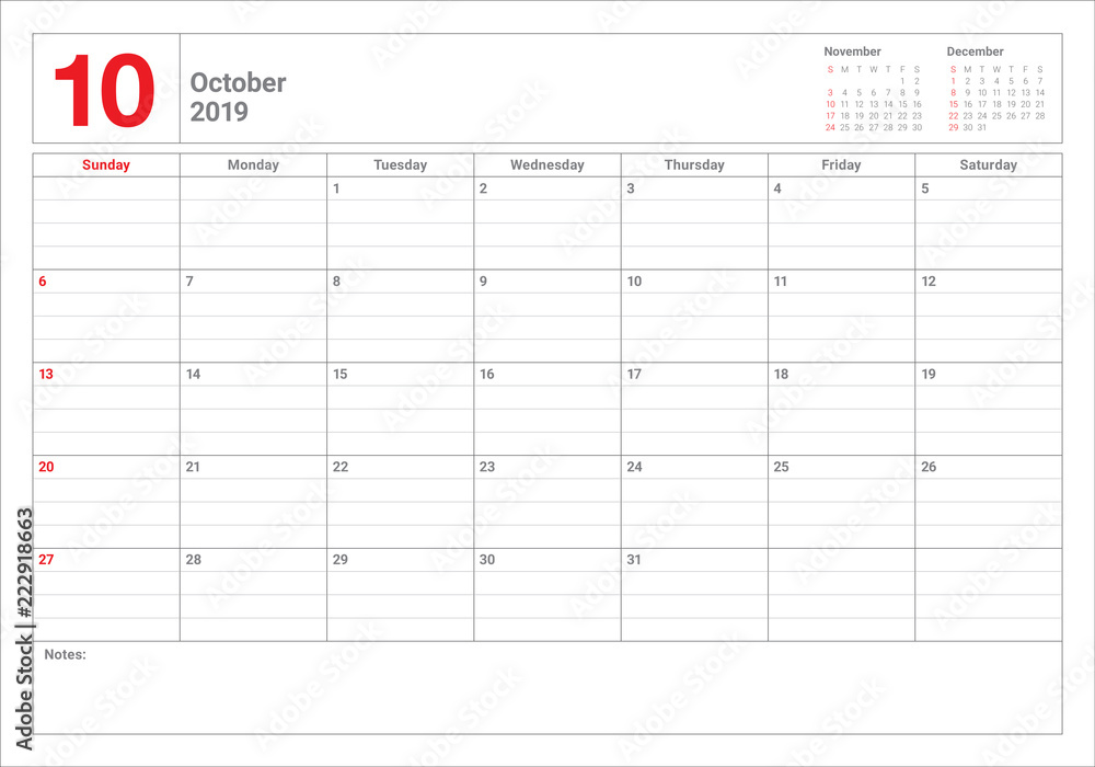 October 2019 desk calendar vector illustration October 2019 desk calendar vector illustration