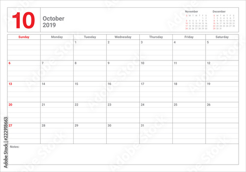 October 2019 desk calendar vector illustration