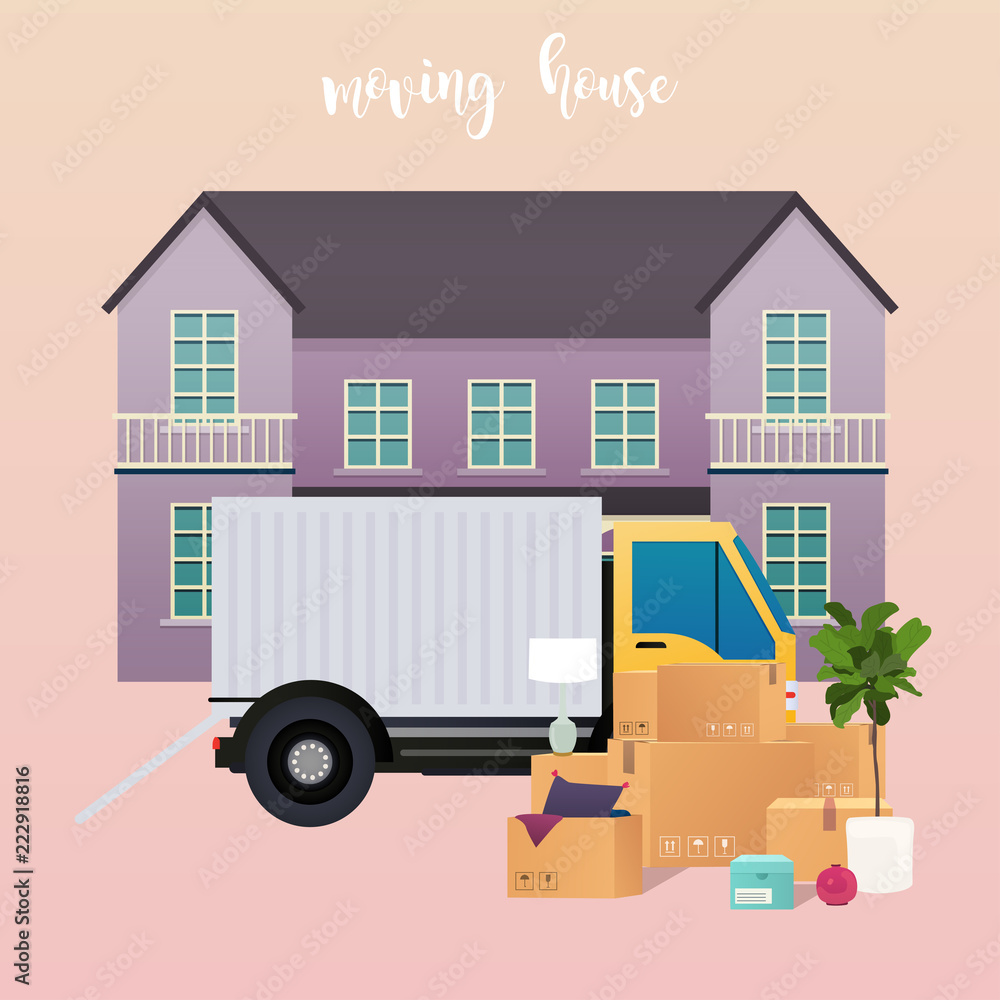 Moving truck and cardboard boxes. Moving House. Transport company. Moving truck and cardboard boxes. Moving House. Transport company.
