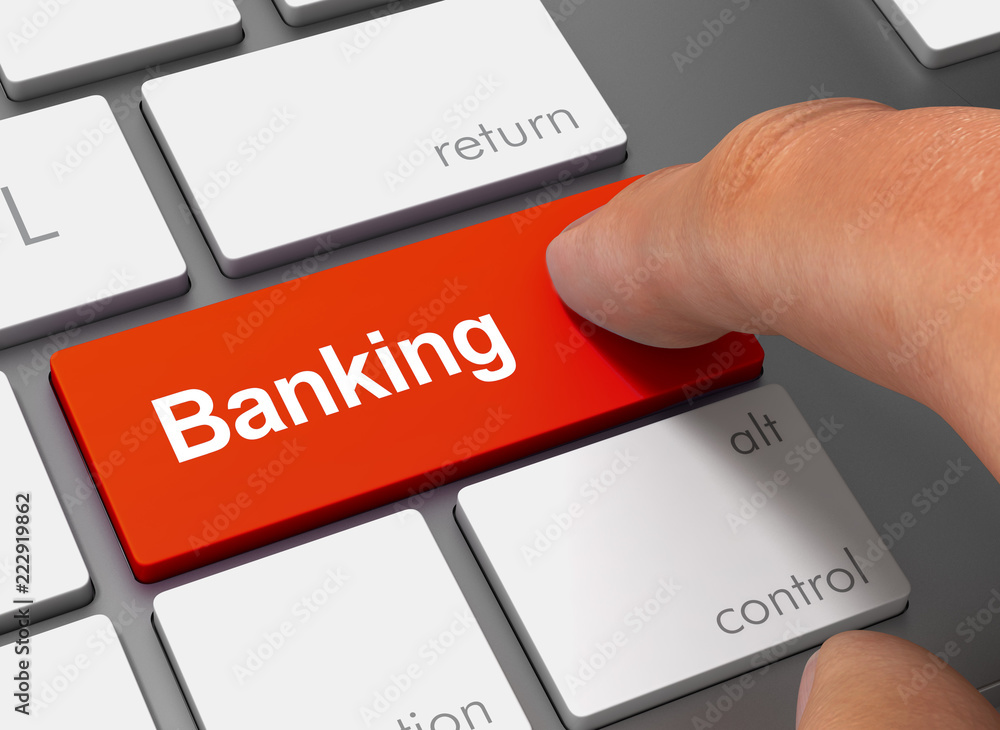 banking pushing keyboard with finger 3d illustration
