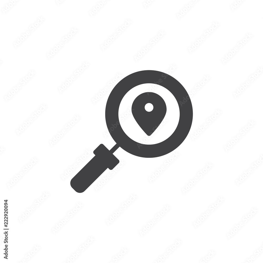 Search location pin vector icon. filled flat sign for mobile concept and web design. Map pin and magnifying glass simple solid icon. Symbol, logo illustration. Pixel perfect vector graphics Search location pin vector icon. filled flat sign for mobile concept and web design. Map pin and magnifying glass simple solid icon. Symbol, logo illustration. Pixel perfect vector graphics