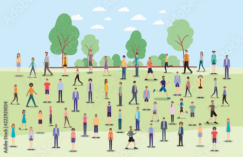 group of people walking and running on the park characters