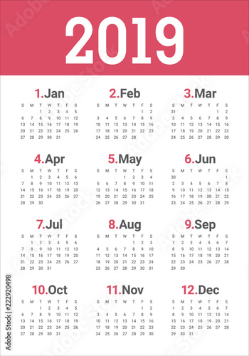 Year 2019 calendar vector design template