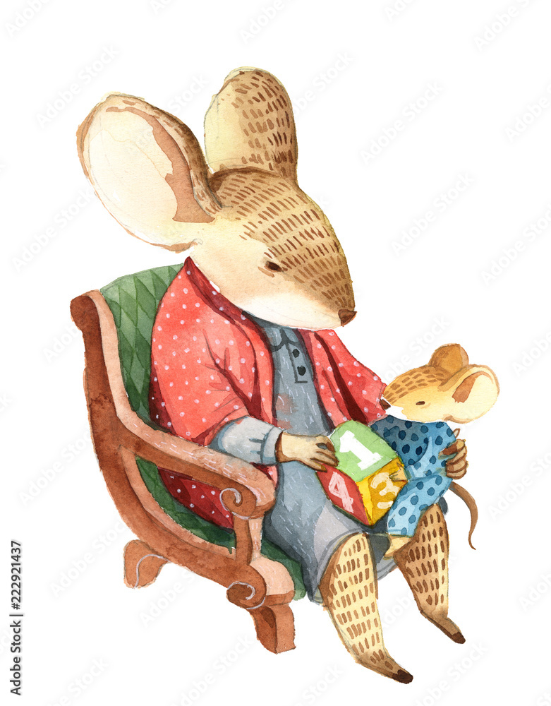 Obraz An adult mouse in a dress sits on a chair and shows a small mouse a toy cube with figures