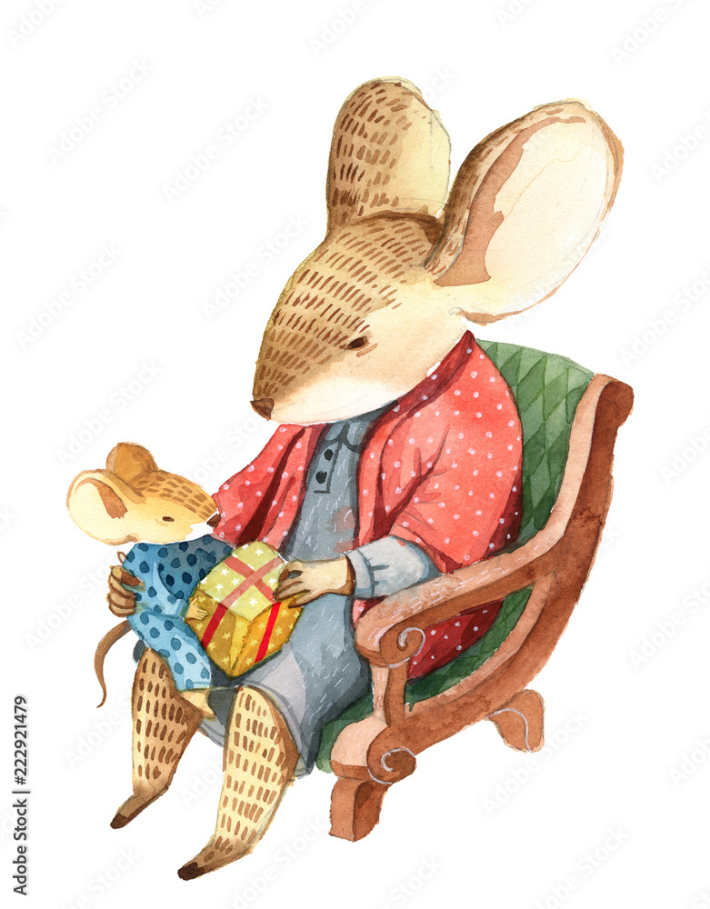 Obraz A grown mouse in dress sits on a chair with little mouse and gives him some gift