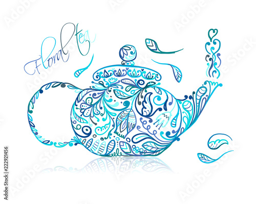 Teapot sketch with floral tea for your design