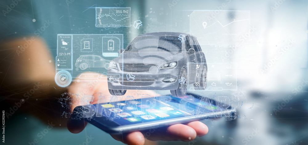 Man holding a Dashboard smartcar interface dashboard 3d rendering