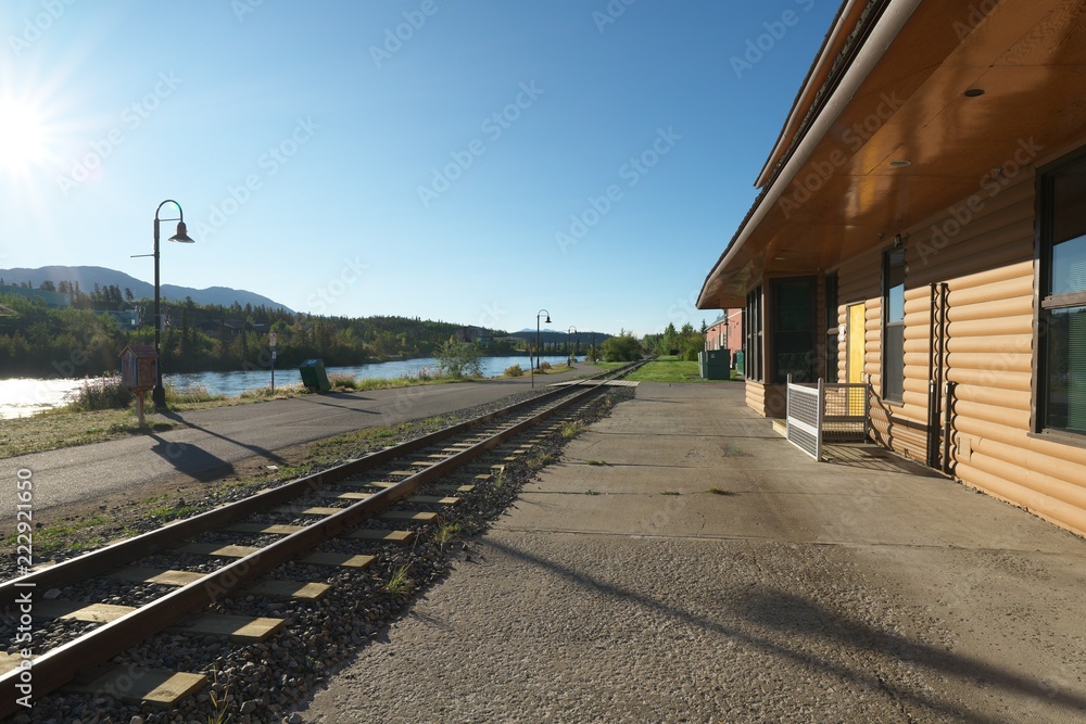 Fototapeta premium Waterfront trolley rail track in Whitehorse