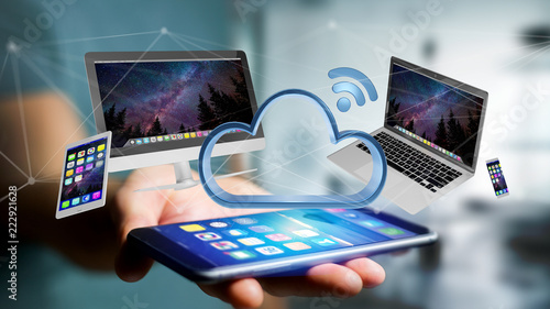 Εκτύπωση καμβά Devices like smartphone, tablet or computer flying over connected cloud - 3d ren