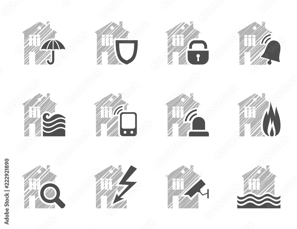 Security and insurance of the home, icons, shading, vector. Insurance of residential and office premises. Vector clip art. Flat, gray icons on white background. Simulated pencil shading. Security and insurance of the home, icons, shading, vector. Insurance of residential and office premises. Vector clip art. Flat, gray icons on white background. Simulated pencil shading.