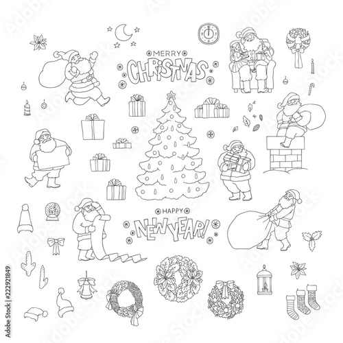 Vector Christmas Santa Claus holiday symbols. New year gift socks, box with ribbons. Greeting lettering and sketch set other isolated black white decorations for design card and packaging.