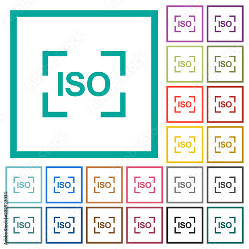 Camera iso speed setting flat color icons with quadrant frames
