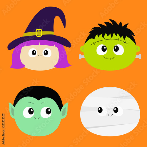 Happy Halloween. Zombie monster round face icon. Cute cartoon funny spooky baby character. Green head. Greeting card. Flat design. Orange background. Isolated.